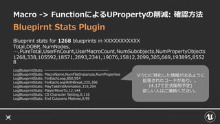 Macro -> FunctionによるUPropertyの削減: 確認方法
Bluepirnt Stats Plugin
Blueprint stats for 1268 blueprints in XXXXXXXXXXX
Total,DOBP, NumNodes,
…,PureTotal,UserFnCount,UserMacroCount,NumSubobjects,NumPropertyObjects
1268,338,105592,18571,2893,2341,19076,15812,2099,305,669,193895,8552
8
LogBlueprintStats: -------------------------------------------
LogBlueprintStats: MacroName,NumFlatInstances,NumProperties
LogBlueprintStats: ForEachLoop,850,954
LogBlueprintStats: ForEachLoopWithBreak,225,396
LogBlueprintStats: PlayTalkEndAnimation,319,294
LogBlueprintStats: PlayerMoveTo,12,144
LogBlueprintStats: CS Character Setting,0,116
LogBlueprintStats: End Cutscene Matinee,9,99
マクロに特化した情報が出るように
拡張されたコードがあり。。
(4.17で正式採用予定)
欲しい人はご連絡ください。
 