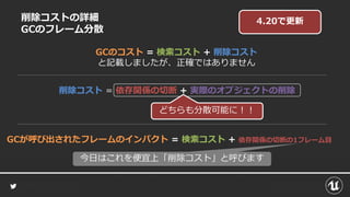 削除コストの詳細
GCのフレーム分散
GCのコスト = 検索コスト + 削除コスト
と記載しましたが、正確ではありません
削除コスト = 依存関係の切断 + 実際のオブジェクトの削除
GCが呼び出されたフレームのインパクト = 検索コスト + 依存関係の切断の1フレーム目
今日はこれを便宜上「削除コスト」と呼びます
4.20で更新
どちらも分散可能に！！
 