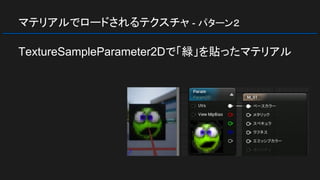 マテリアルでロードされるテクスチャ - パターン２
TextureSampleParameter2Dで「緑」を貼ったマテリアル
 