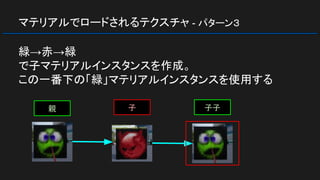 マテリアルでロードされるテクスチャ - パターン３
緑→赤→緑
で子マテリアルインスタンスを作成。
この一番下の「緑」マテリアルインスタンスを使用する
親 子 子子
 