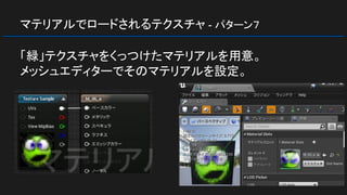 マテリアルでロードされるテクスチャ - パターン７
「緑」テクスチャをくっつけたマテリアルを用意。
メッシュエディターでそのマテリアルを設定。
 
