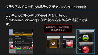 マテリアルでロードされるテクスチャ - エディター上での確認
コンテンツブラウザでアセットを右クリック。
「Reference Viewer」で何が読み込まれるか確認できま
す。
右側のアセットが同時に
読み込まれる
 