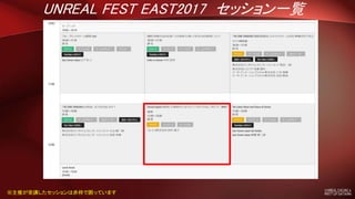 UNREAL FEST EAST2017 セッション一覧
※主催が受講したセッションは赤枠で囲っています
 