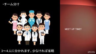 MEET UP TIME!!
・チーム分け
3～４人に分かれます。少なければ省略
 