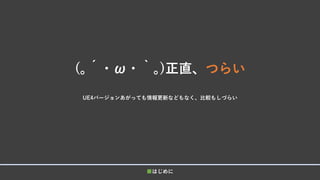(｡´・ω・｀｡)正直、つらい
UE4バージョンあがっても情報更新などもなく、比較もしづらい
■はじめに
 