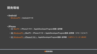 開発環境
• Android
• WindowsPC + Androidスマホ
• iPhone
• (A) MacPC + iPhoneスマホ + AppleDeveloperProgram登録+証明書
• (B) WindowsPC + MacPC + iPhoneスマホ + AppleDeveloperProgram登録+証明書（リモートビルド）
• (C) WindowsPC + iPhoneスマホ + AppleDeveloperProgram登録+証明書 (※BPオンリーかつ非AR)
■開発環境
 