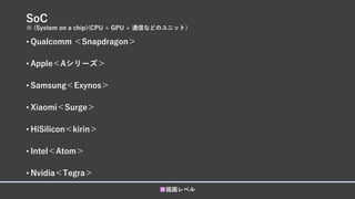 SoC
※ (System on a chip)(CPU + GPU + 通信などのユニット）
• Qualcomm ＜Snapdragon＞
• Apple＜Aシリーズ＞
• Samsung＜Exynos＞
• Xiaomi＜Surge＞
• HiSilicon＜kirin＞
• Intel＜Atom＞
• Nvidia＜Tegra＞
■描画レベル
 