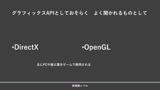 グラフィックスAPIとしておそらく よく聞かれるものとして
•DirectX •OpenGL
■描画レベル
主にPCや据え置きゲームで使用される
 