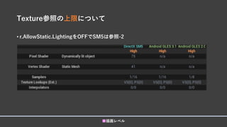 Texture参照の上限について
• r.AllowStatic.LightingをOFFでSM5は参照-2
■描画レベル
 