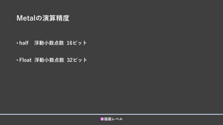 Metalの演算精度
• half 浮動小数点数 16ビット
• Float 浮動小数点数 32ビット
■描画レベル
 