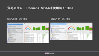 負荷の目安 iPhone6s MSAA未使用時 16.3ms
MSAA x2 16.4ms MSAA x4 16.7ms
■描画レベル
 