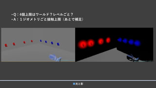 • Q：4個上限はワールド？レベルごと？
• A：１ジオメトリごと接触上限（あとで補足）
■光と影
 