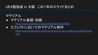 UE4勉強会 in 大阪　この１年のスライドまとめ
マテリアル
● マテリアル基礎・初級
○ https://www.slideshare.net/com044/ue4-80326829
● エフェクトにおいてのマテリアル制作
○ https://www.slideshare.net/ka-punn/edit-privacy-settings-analytics-free-
ue4
 