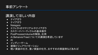 事前アンケート
講演してほしい内容
● ナイアガラ
● ナイアガラ
● Naiagara
● エフェクトのマテリアルやナイアガラ
● カスケードパーティクルの基本操作
● PostProcessVolumeの解説、応用
● Ai BehaiviorTreeについての講演を希望しています
● AI
● インディーゲーム
● 建築ビジュアライゼーション
● 軽い実装の仕方、重い実装の仕方、おすすめの実装例などあれば
 