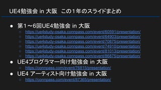 UE4勉強会 in 大阪　この１年のスライドまとめ
● 第１～6回UE4勉強会 in 大阪
○ https://ue4study-osaka.connpass.com/event/60591/presentation/
○ https://ue4study-osaka.connpass.com/event/64903/presentation/
○ https://ue4study-osaka.connpass.com/event/70875/presentation/
○ https://ue4study-osaka.connpass.com/event/74910/presentation/
○ https://ue4study-osaka.connpass.com/event/81013/presentation/
○ https://ue4study-osaka.connpass.com/event/86875/presentation/
● UE4プログラマー向け勉強会 in 大阪
○ https://connpass.com/event/76815/presentation/
● UE4 アーティスト向け勉強会 in 大阪
○ https://connpass.com/event/87365/presentation/
 
