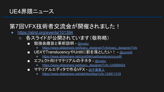 UE4界隈ニュース
第7回VFX技術者交流会が開催されました！
● https://atnd.org/events/101394
○ 各スライドが公開されています（敬称略）
■ 勉強会趣旨と事前説明 - @moko
● https://www.slideshare.net/toaru_designer/7vfx/toaru_designer/7vfx
■ UE4でTranslucencyやUnlitに影を落としたい！ - @com04
● https://www.slideshare.net/com044/ue4translucencyunlit
■ エフェクト向けマテリアルの子ネタ - @moko
● https://www.slideshare.net/toaru_designer/7vfx-124689404
■ マテリアルエディタで作るVFX - @千葉章人
● https://www.slideshare.net/akihitochiba1/vfx-124911319
 