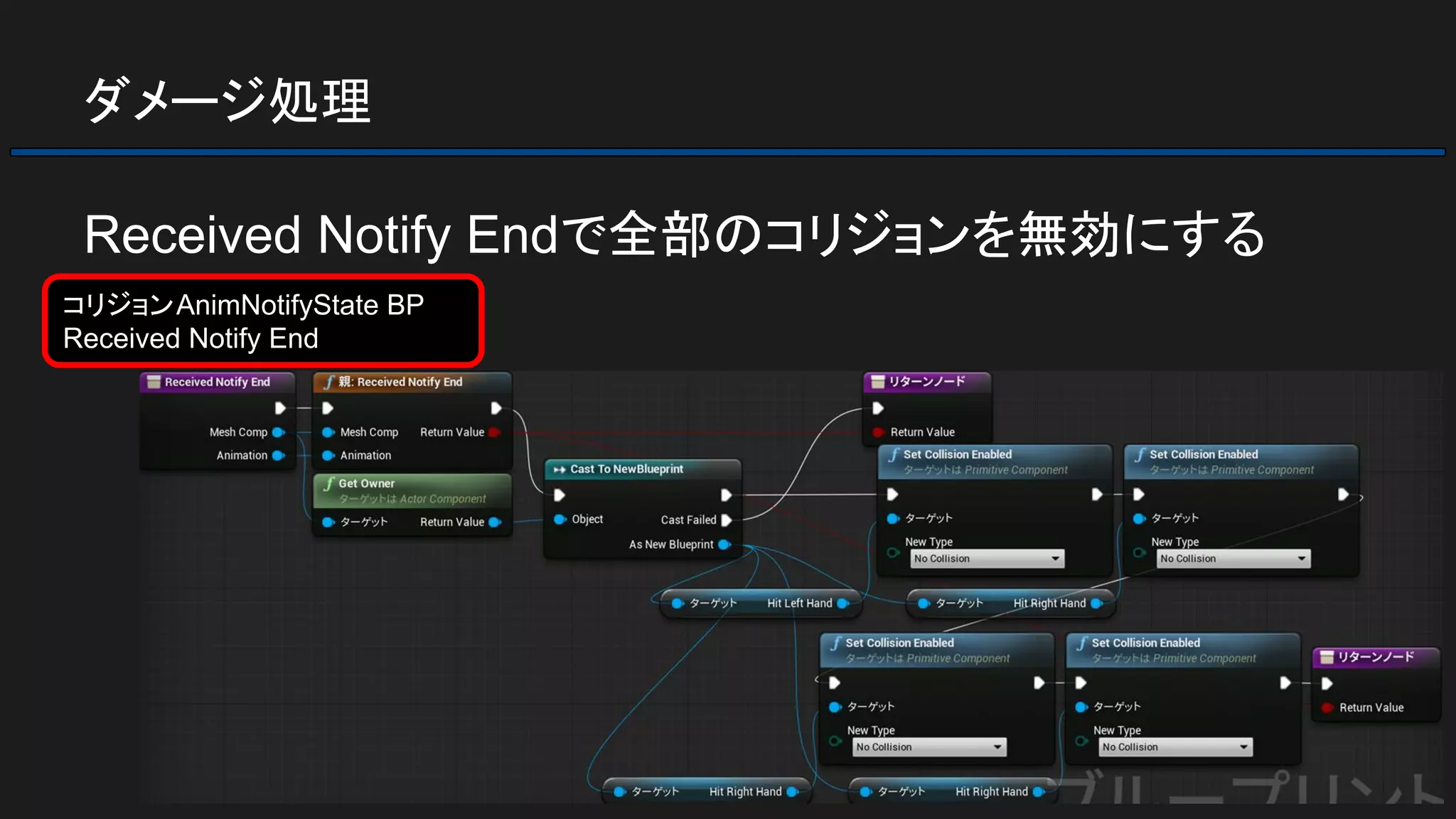 ダメージ処理
Received Notify Endで全部のコリジョンを無効にする
コリジョンAnimNotifyState BP
Received Notify End
 