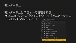 モンタージュ
モンタージュはスロットで管理される
● メニューバーの「ウィンドウ」→「アニメーション
スロットマネージャー」
 