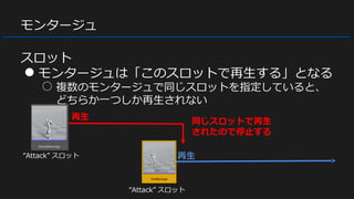モンタージュ
スロット
● モンタージュは「このスロットで再生する」となる
○ 複数のモンタージュで同じスロットを指定していると、
どちらか一つしか再生されない
“Attack” スロット
“Attack” スロット
再生
再生
同じスロットで再生
されたので停止する
 