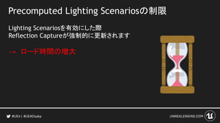 Precomputed Lighting Scenariosの制限
Lighting Scenariosを有効にした際
Reflection Captureが強制的に更新されます
→ ロード時間の増大
#UE4Osaka
 