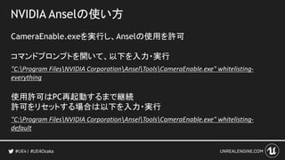 NVIDIA Anselの使い方
CameraEnable.exeを実行し、Anselの使用を許可
コマンドプロンプトを開いて、以下を入力・実行
"C:Program FilesNVIDIA CorporationAnselToolsCameraEnable.exe" whitelisting-
everything
使用許可はPC再起動するまで継続
許可をリセットする場合は以下を入力・実行
"C:Program FilesNVIDIA CorporationAnselToolsCameraEnable.exe" whitelisting-
default
#UE4Osaka
 