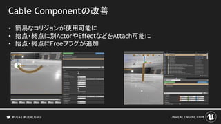 Cable Componentの改善
• 簡易なコリジョンが使用可能に
• 始点・終点に別ActorやEffectなどをAttach可能に
• 始点・終点にFreeフラグが追加
#UE4Osaka
 
