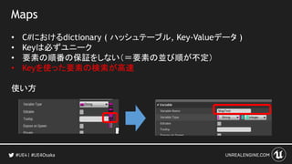 Maps
• C#におけるdictionary ( ハッシュテーブル, Key-Valueデータ )
• Keyは必ずユニーク
• 要素の順番の保証をしない（＝要素の並び順が不定）
• Keyを使った要素の検索が高速
使い方
#UE4Osaka
 