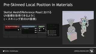Pre-Skinned Local Position in Materials
Skeltal MeshのReference Poseにおける
UV座標を取得できるように
( = スキニング前のUV座標)
#UE4Osaka
 