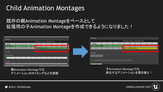 Child Animation Montages
既存の親Animation Montageをベースとして
拡張用の子Animation Montageを作成できるようになりました！
#UE4Osaka
親Animation Montageでは
アニメーションのタイミングなどを調整
子Animation Montageでは
再生するアニメーションを置き換え！
 