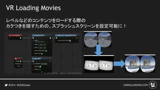 VR Loading Movies
レベルなどのコンテンツをロードする際の
カクつきを隠すための、スプラッシュスクリーンを設定可能に！
#UE4Osaka
 