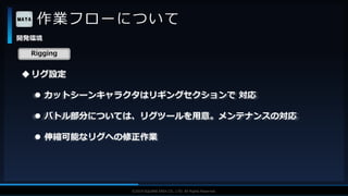 V F X S T U D Y G R O U P©2019 SQUARE ENIX CO., LTD. All Rights Reserved.
作業フローについて
開発環境
Rigging
リグ設定
 カットシーンキャラクタはリギングセクションで 対応
 バトル部分については、リグツールを用意。メンテナンスの対応
 伸縮可能なリグへの修正作業
 