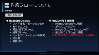 V F X S T U D Y G R O U P©2019 SQUARE ENIX CO., LTD. All Rights Reserved.
作業フローについて
開発環境
HeadsUpDisplay
• ファイル名（モーションID）
• モーション名
• 開始/終了フレーム
• 補間フレーム
• ルートアニメーションの状況
• 担当者
• 進捗状況
Body & Facial
FBXに付与する情報
• HeadsUpDisplayの情報
• ボイスのトリガー
• Morph アニメーションカーブ
• 出力時のオプション情報
※キャラクタのルート骨にアトリビュートを追加
 