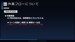 V F X S T U D Y G R O U P©2019 SQUARE ENIX CO., LTD. All Rights Reserved.
作業フローについて
開発環境
作業環境
 FBXの出力は、体幹部分とフェイシャル
 シーンを開く/保存 は 専用ツール化
※２重リファレンスのバグ対応・ヒューマンエラー対策
Body & Facial
 