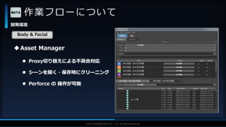 V F X S T U D Y G R O U P©2019 SQUARE ENIX CO., LTD. All Rights Reserved.
作業フローについて
開発環境
Body & Facial
Asset Manager
 Proxy切り替えによる不具合対応
 シーンを開く・保存時にクリーニング
 Perforce の 操作が可能
 