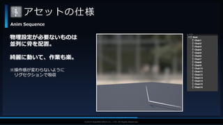V F X S T U D Y G R O U P©2019 SQUARE ENIX CO., LTD. All Rights Reserved.
アセットの仕様
Anim Sequence
物理設定が必要ないものは
並列に骨を配置。
綺麗に動いて、作業も楽。
※操作感が変わらないように
リグセクションで吸収
 