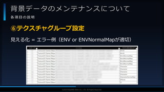 V F X S T U D Y G R O U P©2019 SQUARE ENIX CO., LTD. All Rights Reserved.
背景データのメンテナンスについて
各 項 目 の 説 明
見える化 = エラー例（ENV or ENVNormalMapが適切）
⑥テクスチャグループ設定
 