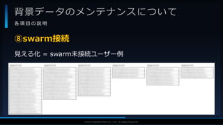 V F X S T U D Y G R O U P©2019 SQUARE ENIX CO., LTD. All Rights Reserved.
背景データのメンテナンスについて
各 項 目 の 説 明
見える化 = swarm未接続ユーザー例
⑧swarm接続
 