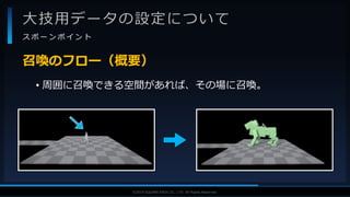 V F X S T U D Y G R O U P©2019 SQUARE ENIX CO., LTD. All Rights Reserved.
大技用データの設定について
ス ポ ー ン ポ イ ン ト
• 周囲に召喚できる空間があれば、その場に召喚。
召喚のフロー（概要）
 