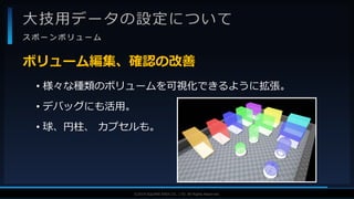 V F X S T U D Y G R O U P©2019 SQUARE ENIX CO., LTD. All Rights Reserved.
大技用データの設定について
ス ポ ー ン ボ リ ュ ー ム
• 様々な種類のボリュームを可視化できるように拡張。
• デバッグにも活用。
• 球、円柱、 カプセルも。
ボリューム編集、確認の改善
 