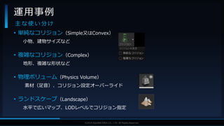 V F X S T U D Y G R O U P©2019 SQUARE ENIX CO., LTD. All Rights Reserved.
• 単純なコリジョン（Simple又はConvex）
小物、建物サイズなど
• 複雑なコリジョン（Complex）
地形、複雑な形状など
• 物理ボリューム（Physics Volume）
素材（足音）、コリジョン設定オーバーライド
• ランドスケープ（Landscape）
水平で広いマップ、LODレベルでコリジョン指定
運用事例
主 な 使 い 分 け
 