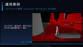 V F X S T U D Y G R O U P©2019 SQUARE ENIX CO., LTD. All Rights Reserved.
運用事例
コ リ ジ ョ ン 属 性 （ C o l l i s i o n A t t r i b u t e ） を 可 視 化
ぶら下がり、壁のぼり、壁けりなど
それぞれ設定個所を赤く表示
※エンジン改造
 