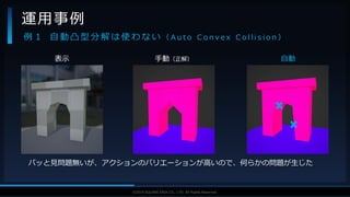 V F X S T U D Y G R O U P©2019 SQUARE ENIX CO., LTD. All Rights Reserved.
運用事例
例 １ 自 動 凸 型 分 解 は 使 わ な い （ A u t o C o n v e x C o l l i s i o n ）
表示
パッと見問題無いが、アクションのバリエーションが高いので、何らかの問題が生じた
手動（正解） 自動
 