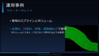 V F X S T U D Y G R O U P©2019 SQUARE ENIX CO., LTD. All Rights Reserved.
• 専用のスプラインとボリューム
• 水濡れ、川流れ、吹雪、扇風機などで使用
（ボリュームに入ると、パスに沿って押されるような表現）
運用事例
ウ ォ ー タ ー カ レ ン ト
 
