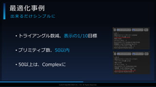 V F X S T U D Y G R O U P©2019 SQUARE ENIX CO., LTD. All Rights Reserved.
• トライアングル数減、表示の1/10目標
• プリミティブ数、50以内
• 50以上は、Complexに
最適化事例
出 来 る だ け シ ン プ ル に
 