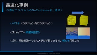 V F X S T U D Y G R O U P©2019 SQUARE ENIX CO., LTD. All Rights Reserved.
• 入れ子（コリジョン内にコリジョン）
• プレイヤー移動範囲外
• だが、移動範囲外でもカメラは移動できるで、軽めを用意した
最適化事例
不 要 な コ リ ジ ョ ン の N o C o l l i s i o n 化 （ 消 す ）
 