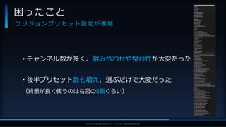 V F X S T U D Y G R O U P©2019 SQUARE ENIX CO., LTD. All Rights Reserved.
• チャンネル数が多く、組み合わせや整合性が大変だった
• 後半プリセット数も増え、選ぶだけで大変だった
（背景が良く使うのは右図の5個ぐらい）
困ったこと
コ リ ジ ョ ン プ リ セ ッ ト 設 定 が 複 雑
 