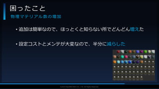 V F X S T U D Y G R O U P©2019 SQUARE ENIX CO., LTD. All Rights Reserved.
• 追加は簡単なので、ほっとくと知らない所でどんどん増えた
• 設定コストとメンテが大変なので、半分に減らした
困ったこと
物 理 マ テ リ ア ル 数 の 増 加
 