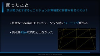 V F X S T U D Y G R O U P©2019 SQUARE ENIX CO., LTD. All Rights Reserved.
• 巨大な一枚板のコリジョン、クック時にワーニングが出る
• 頂点間45m以内だと出なかった
困ったこと
頂 点 間 が 広 す ぎ る と コ リ ジ ョ ン 計 算 精 度 に 影 響 が 有 る の で は ？
 