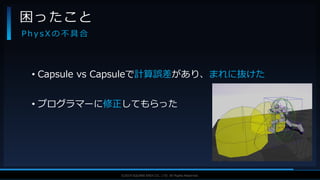 V F X S T U D Y G R O U P©2019 SQUARE ENIX CO., LTD. All Rights Reserved.
• Capsule vs Capsuleで計算誤差があり、まれに抜けた
• プログラマーに修正してもらった
困ったこと
P h y s X の 不 具 合
 