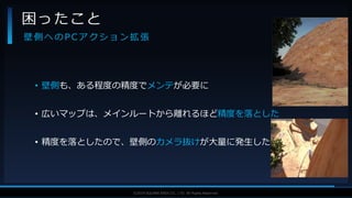 V F X S T U D Y G R O U P©2019 SQUARE ENIX CO., LTD. All Rights Reserved.
• 壁側も、ある程度の精度でメンテが必要に
• 広いマップは、メインルートから離れるほど精度を落とした
• 精度を落としたので、壁側のカメラ抜けが大量に発生した
困ったこと
壁 側 へ の P C ア ク シ ョ ン 拡 張
 